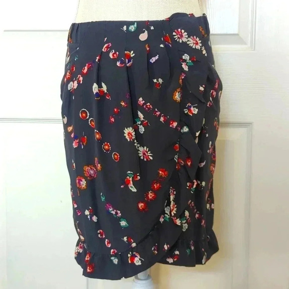 Rebecca Taylor Waterfall Gray Ruffle Floral Silk Skirt - Picture 1 of 6